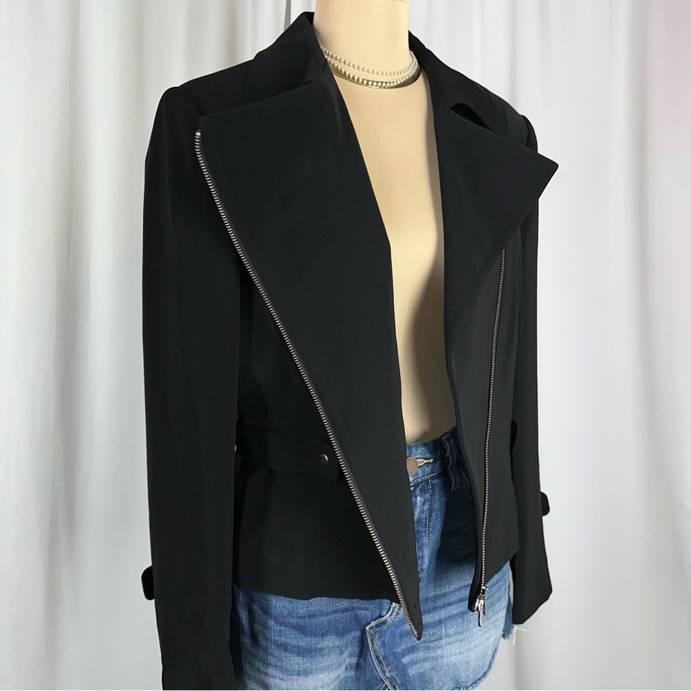 Vtg Jones New York‎ Full Zip Polyester Moto Jacket Sz 10 Black 2 Way Zip Classic